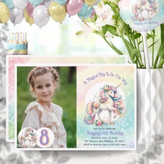 Convite Festa do 8º Oitavo Unicórnio Pastel Arco-íris (8th Eighth Unicorn Party Pastel Rainbow Party Invitation)