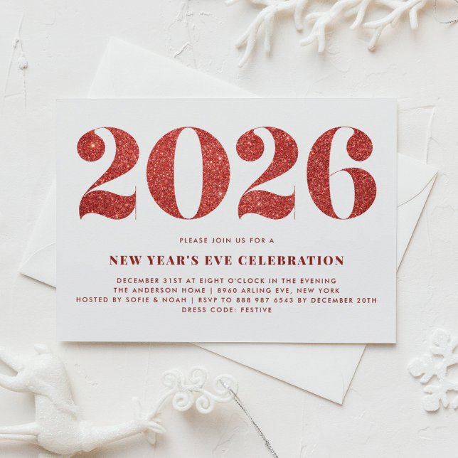 Convite Festa do Ano Novo e do Lixo Vermelho 2024 (Customizable 2026 New Year's Eve party invitation featuring faux red glitter.)