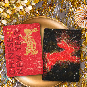 Convite Festa do Ano Novo Lunar do Coelho Glitter Dourado 