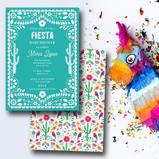 Convite Festa do Bebê Azul Floral Tradicional Mexicana (Mexican Traditional Floral Fiesta Teal Baby Shower Invitation)