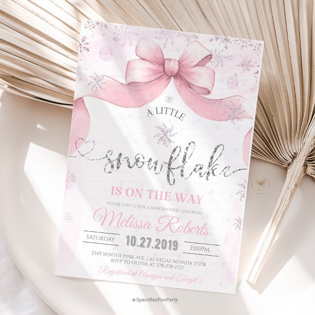 Convite Festa do bebê Snowflake Bow  (snowflake girl, winter baby shower, baby girl shower, winter fairy baby, snow baby shower)