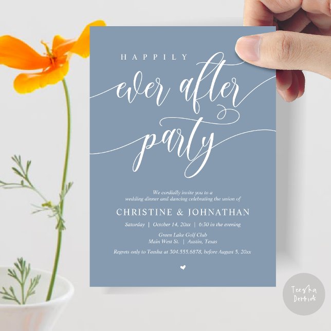 Convite Festa do Casamento Feliz Jantar Dança (Happily Ever After Party Dinner Dancing Modern Invitation Card, PDF, in Dusty Blue)