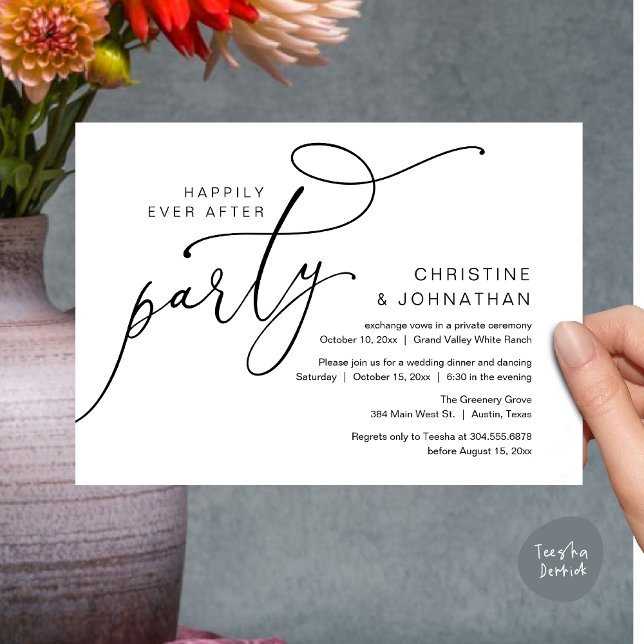 Convite Festa do Casamento Feliz, Jantar Romântico com Dan (Happily Ever After Party, Romantic Modern Elopement Dinner Dancing Invites Card PDF Black White)