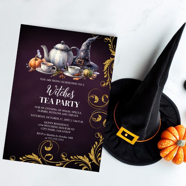Convite Festa do chá de bruxas (Get together for a witches tea by inviting your guests with this elegant invitation.)