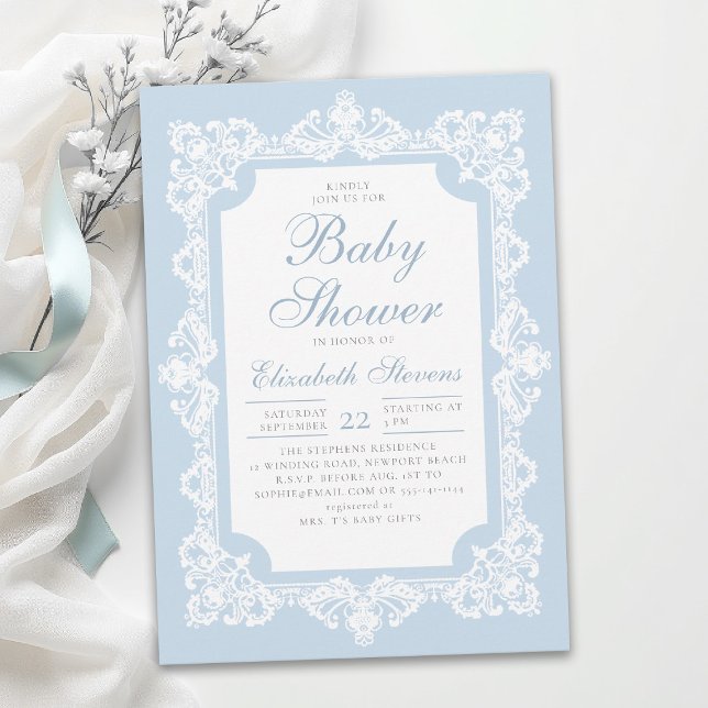 Convite Festa do Chá Dusty Blue Elegante Renda Churrasco d (baby shower tea party invitations white lace dusty blue elegant modern classic template card)