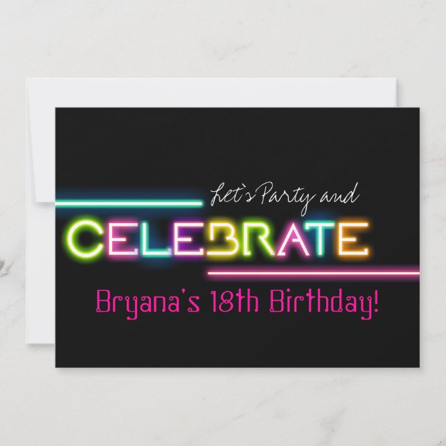 Convite Festa do Clube de Luzes Brilhantes CELEBRATE Neon (Frente)