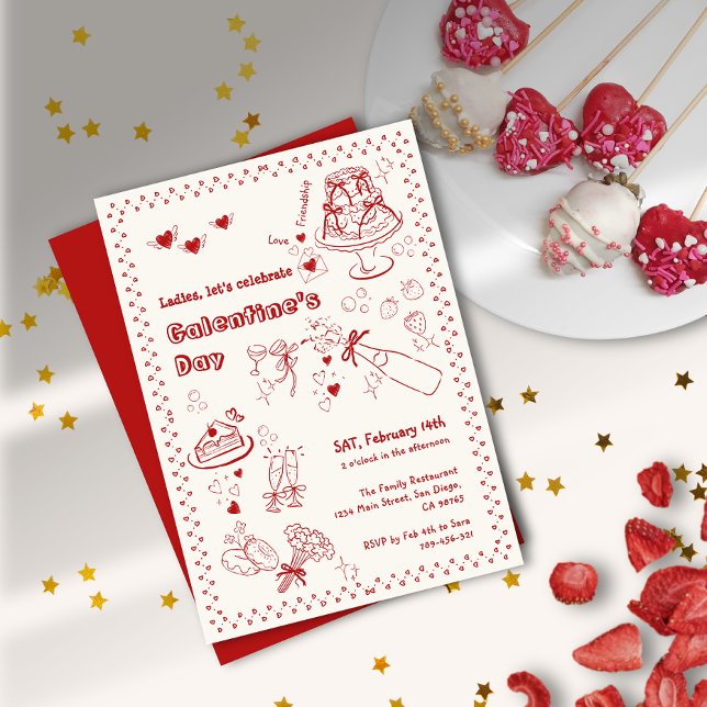 Convite Festa do Dia da Galentina com Flor de Bolo de Bolo (Whimsical Doodle Cake Flower Galentine's Day Party Invitation)