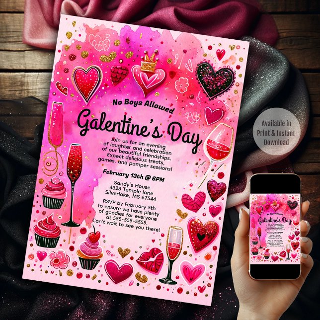 Convite Festa do Dia da Galentina, da Garota Rosa Sassy (Galentine's Day)