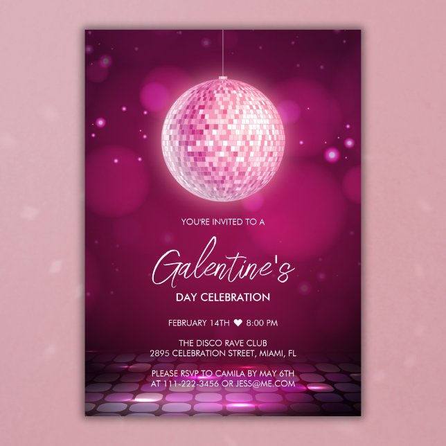 Convite Festa do Dia da Galentina Noite de Disco Rosa (Pink Disco Girls Night Galentine's Day Party Invitation)
