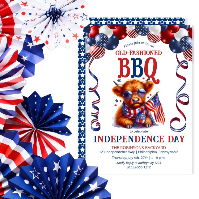 Convite Festa do Dia da Independência das Vacas do Planalt (Balloon Arch Cute Cool Highland Cow Calf Sporting Sunglasses Independence Day BBQ July 4 Invitation)