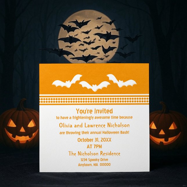Convite Festa do Dia das Bruxas de Batatas, Laranja e Bran (Orange and White Gone Batty Halloween Party Invitation)