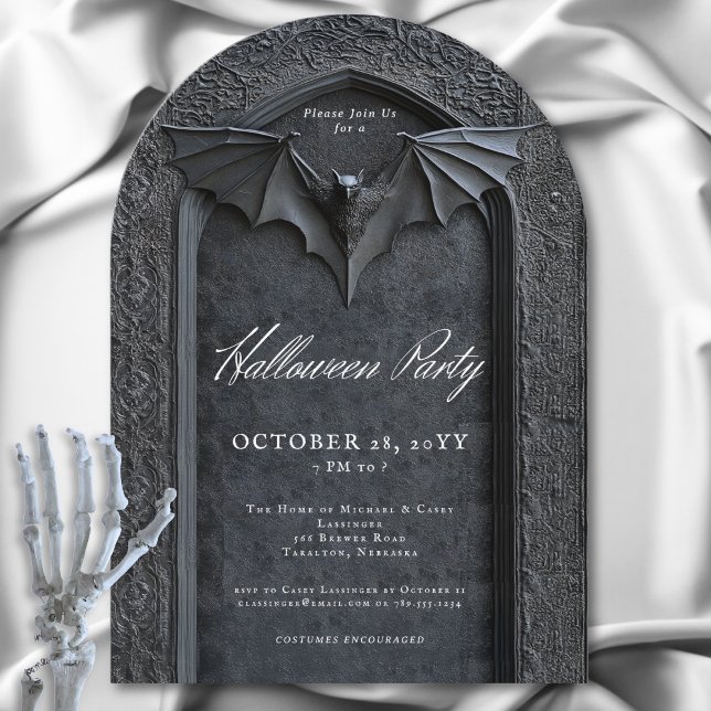 Convite Festa do Dia das Bruxas de Tombstone Archado com B (Gothic Bat Arched Tombstone Halloween Party Invitation)