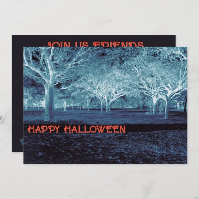 Convite Festa do Dia das Bruxas Negra e Azul - Florestas A (Frente/Verso)