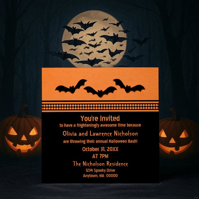 Convite Festa do Dia das Bruxas, Orange (Orange Gone Batty Halloween Party Invitation)