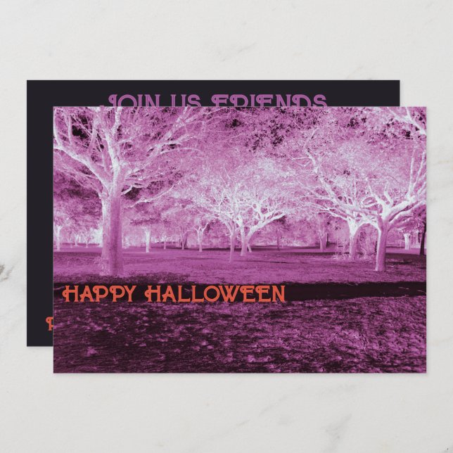 Convite Festa do Dia das Bruxas Rosa e Laranja, Scary Wood (Frente/Verso)