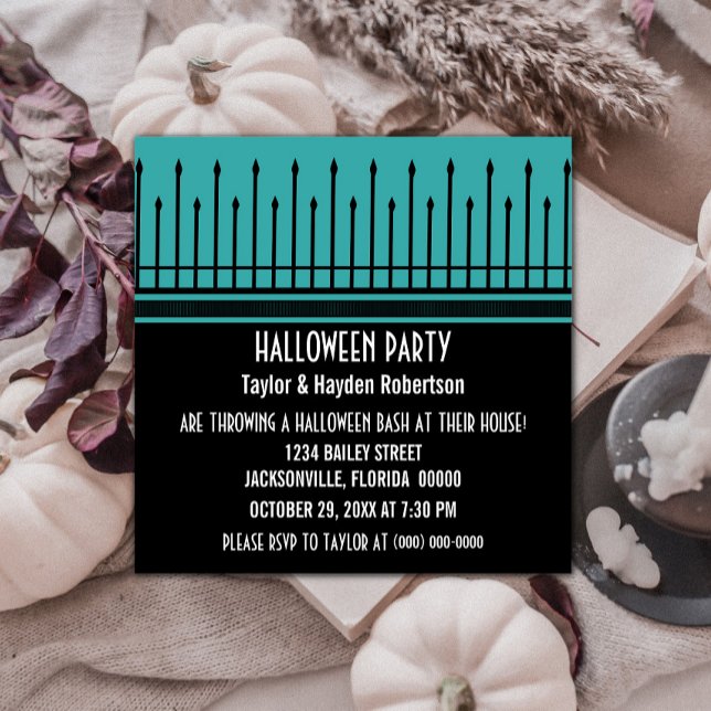 Convite Festa do Dia das Bruxas Spooky, Turquoise (Spooky Halloween Gate Party Invite - Turquoise)
