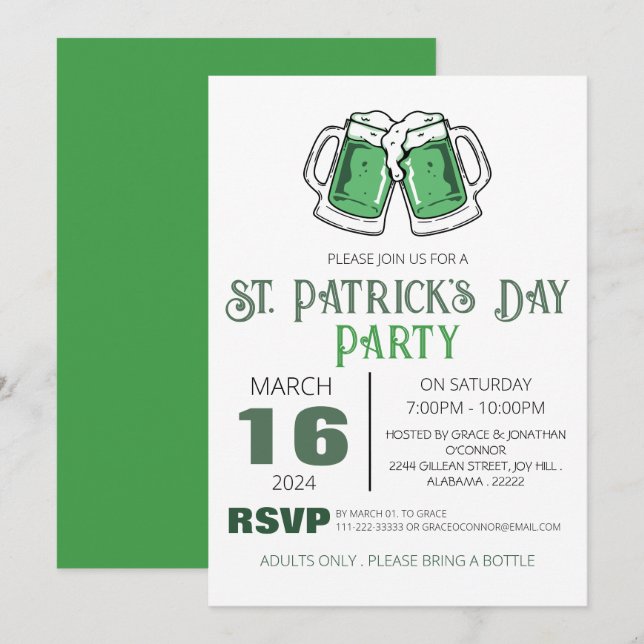 Convite Festa do Dia de São Patrício com Trevo Verde Elega (Frente/Verso)