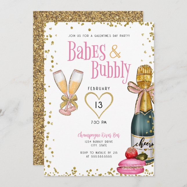 Convite Festa do Dia dos Bebês e Champagne Galentine (Frente/Verso)