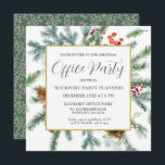 Convite Festa do Escritório de Natal Elegante Winter Green<br><div class="desc">Este modelo de Y quadrado apresenta uma estrutura dourada decorada com galhos de pínus,  bagas vermelhas e cones de pínus. Muito espaço branco lhe dá um sentimento aberto e elegante.</div>