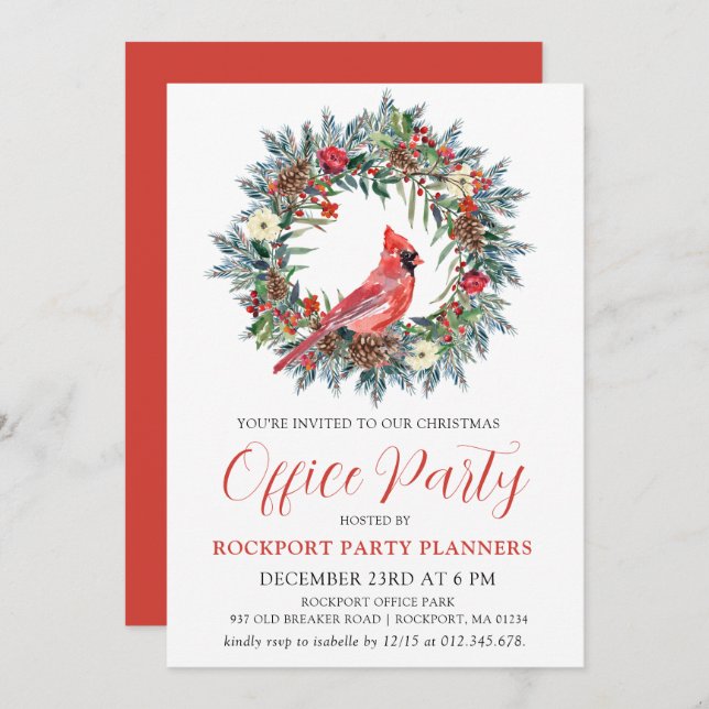 Convite Festa do Escritório do Cardeal Vermelho Wreath de  (Frente/Verso)