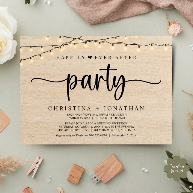 Convite Festa do "Felicidade para Sempre", Casamento com L (Happily Ever After party, String Lights Wedding Invitation Card PDF Cottage Wood)