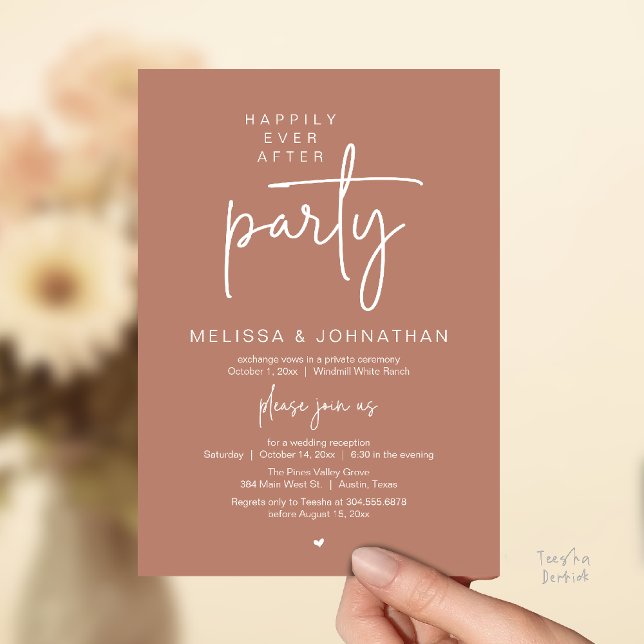 Convite Festa do Felizes para Sempre, Recepção de Casament (Happily Ever After Party, Modern Wedding Reception Dinner Invitation Card in Terracotta Earthy Brown)