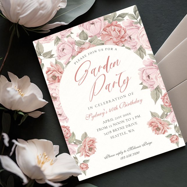 Convite Festa do Jardim Elegante, Pink Florals Aniversário (Elegant Garden Party Pink Peony Florals Birthday Invitation)