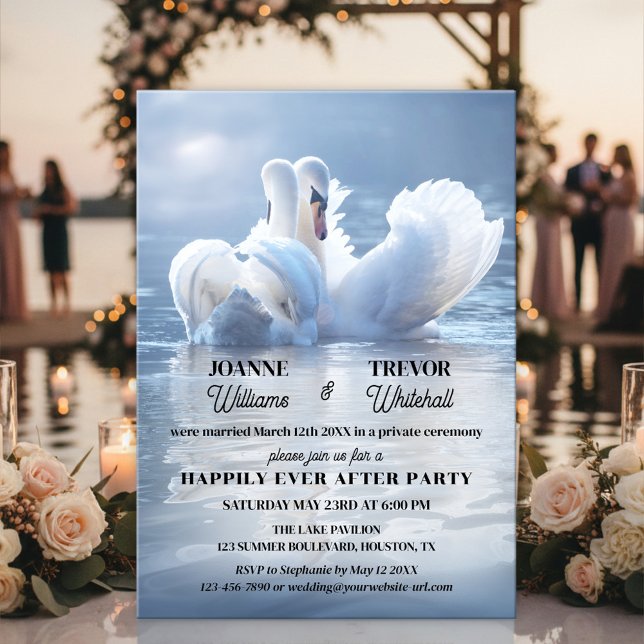 Convite Festa do Lago dos Cisnes Felizes para Sempre (Happily ever after wedding invitation featuring two swans in love on a sunlit lake)