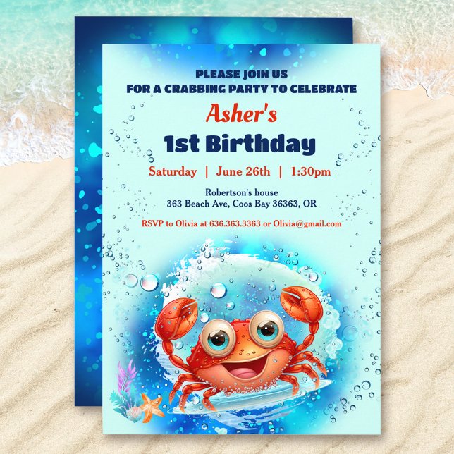 Convite Festa do primeiro aniversario de Caranguejo, Era P (Crab Pool 1st Birthday Party Blue Boy Custom Age Invitation)