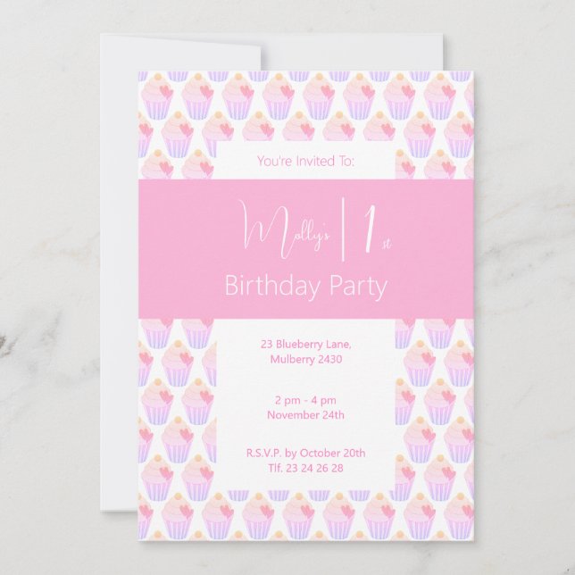 Convite Festa do primeiro aniversario do Cupcakes Rainbow (Frente)