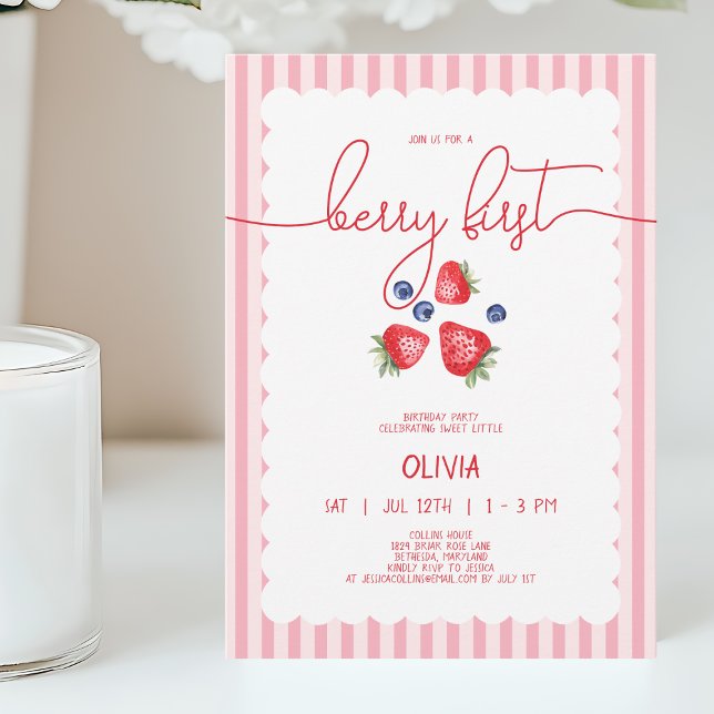Convite Festa do Primeiro primeiro aniversario, Berry, Cac (Cute Red Baby Girl Berry First 1st Birthday Party Invitation)