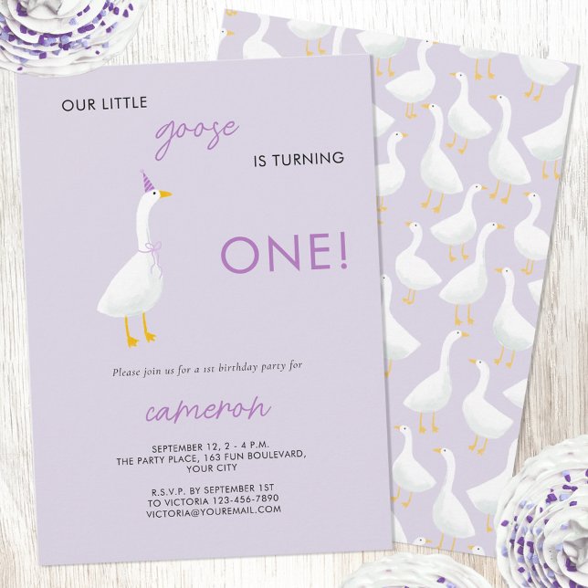 Convite Festa do Primeiro primeiro aniversario de Pequeno  (Our Little Goose is turning one!  Personalized custom text geese themed first 1st birthday invite)
