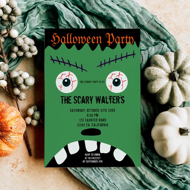 Convite Festa do rosto de um monstro verde das bruxas (Halloween green monster eyeball face party invitation)