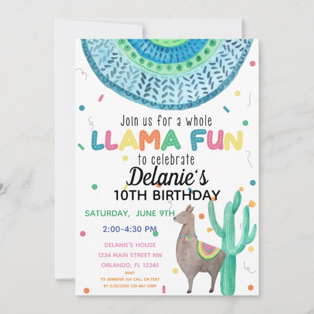 Convite Festa do Tema Mexicano do Llama Aniversário (Frente)