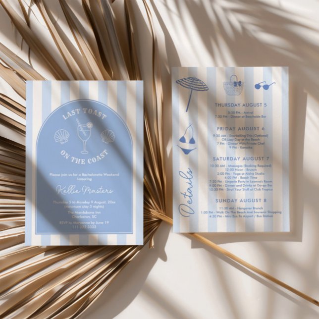 Convite Festa do Último Brinde na Costa com Desenhos à Mão (Classy Blue And White Last Toast On The Coast Bachelorette Party Invitations with hand-drawn icons)
