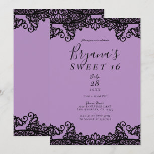 Convite Festa Doce 16 com Lavanda Roxa e Laço Preto