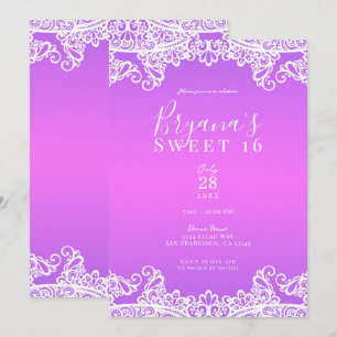 Convite Festa Doce 16 com Renda Rosa Roxo e Branco