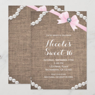 Convite Festa Doce 16 Glamour Rosa Laço Burlap & Pearls