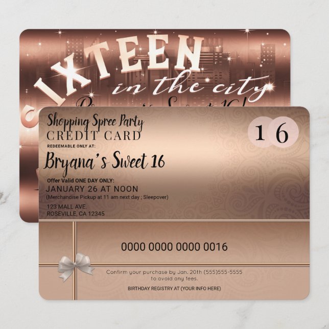 Convite Festa Doce 16 Limusine Cidade Compras Rose Gold (Frente/Verso)