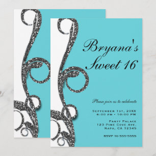 Convite Festa Doce 16 Redemoinho Brilho Prata Branco Turqu