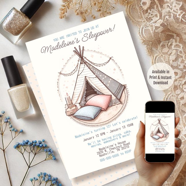 Convite Festa Doce de Tepee Sleepover, Aniversário (Available in Print and Instant Download)