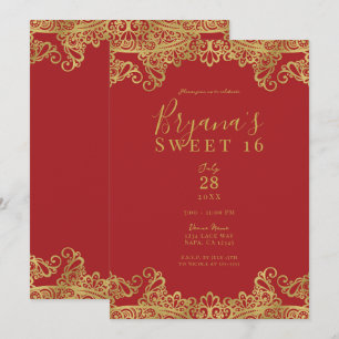 Convite Festa doce e elegante de 16 anos com renda vermelh
