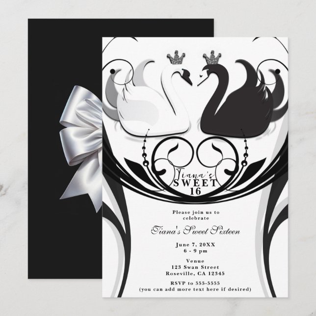Convite Festa Doce Princesa Cisne Elegante Preto e Branco  (Frente/Verso)