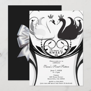Convite Festa Doce Princesa Cisne Elegante Preto e Branco 