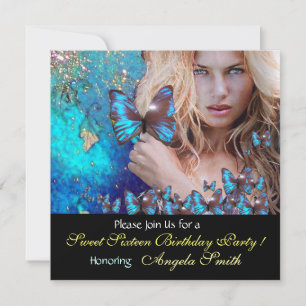 CONVITE FESTA DOS 16 ANOS DA BORBOLETA AZUL MONOGRAMA,OURO