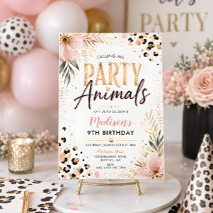 Convite Festa dos Animais Meninas Florais Rosa Aniversário