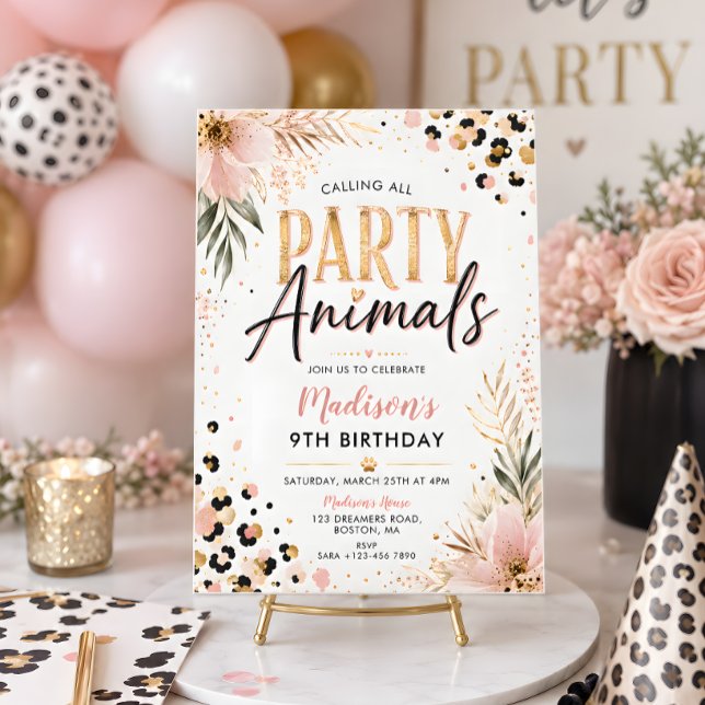 Convite Festa dos Animais Meninas Florais Rosa Aniversário (Criador carregado)