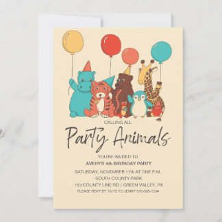 Convite Festa dos Animais Tigre, Pinguim, Hipopótamo Anive