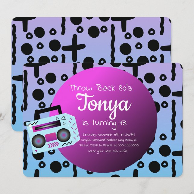 Convite Festa dos Anos 80 e 90 Ombre Vintage BoomBox Retro (Frente/Verso)