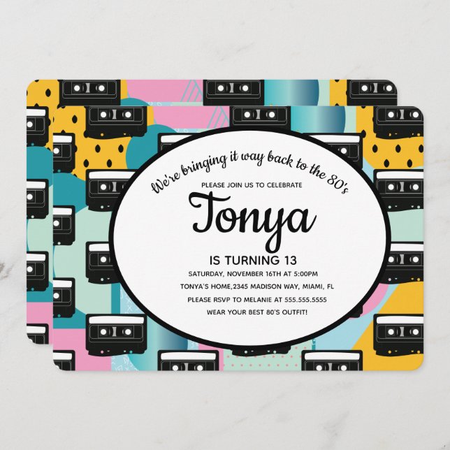 Convite Festa dos Anos 80 e 90 Rosa Colagem Cassete Retros (Frente/Verso)